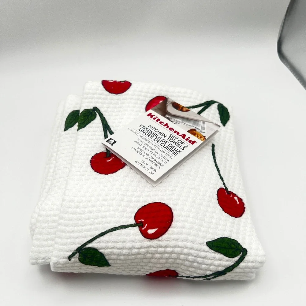 KitchenAid Cherry Print Kitchen Towels Set of 2 White Red Waffle Weave Cotton